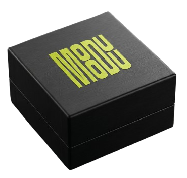 MODU MODU presentation box — matte black with the brand mark in acid yellow on the lid.